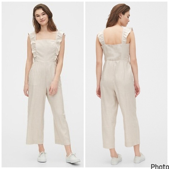 GAP Pants - GAP Apron Ruffle Jumpsuit Neutral Stripes Size 6 Tall